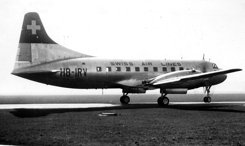 Convair 240 vyrobený v r. 1949, Swiss Air Lines  HB-IRV v Manchestru březen 1950 (Foto: Wikipedie)